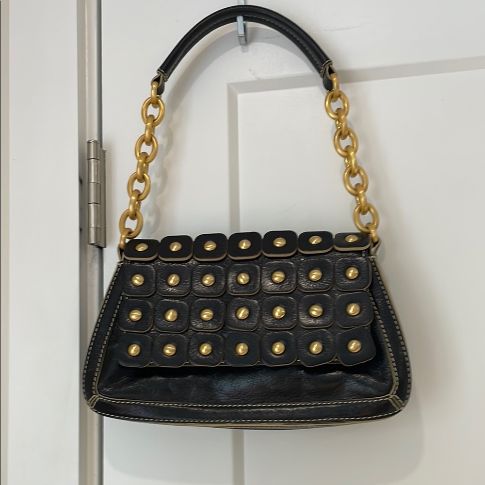 Maxx New York Black and Gold Studded Shoulder Bag with Chain-Link Strap